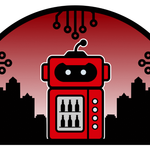 Urban Vending logo - red robot vending machine with city skyline